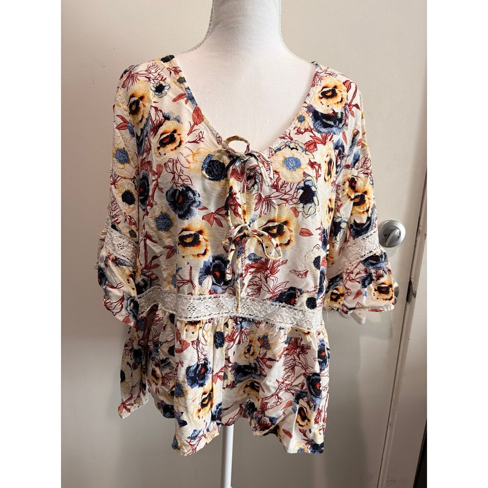 Maurices Womens Top 0X Baby Doll Bell Sleeve Blue Brown Floral Lightweight